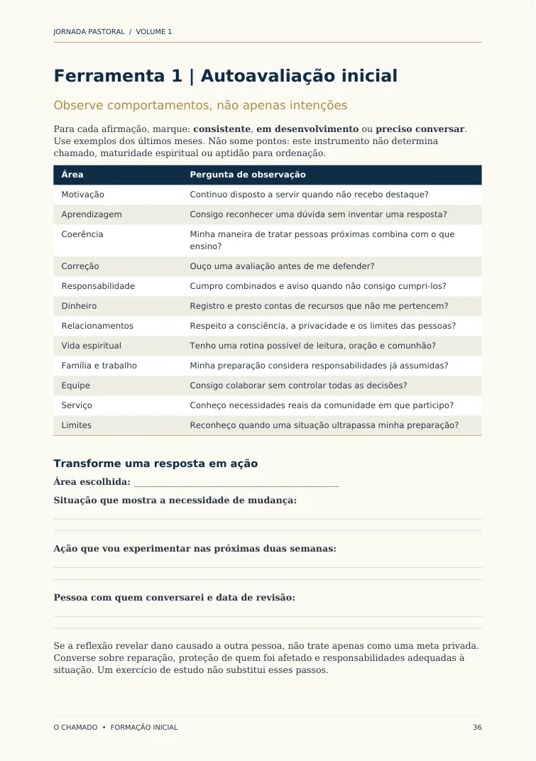Página real: ficha de autoavaliação inicial